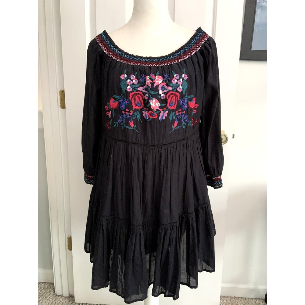 Free People Sunbeams Dress Embroidered Off Shoulder Mini Black Dress S BOHO